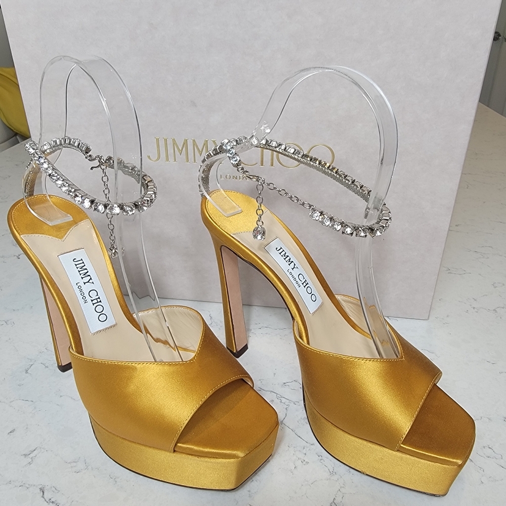 Jimmy Choo Saeda Platform Sandal Yellow Crystal Ankle Strap 37 luxury wedding - Picture 4 of 15
